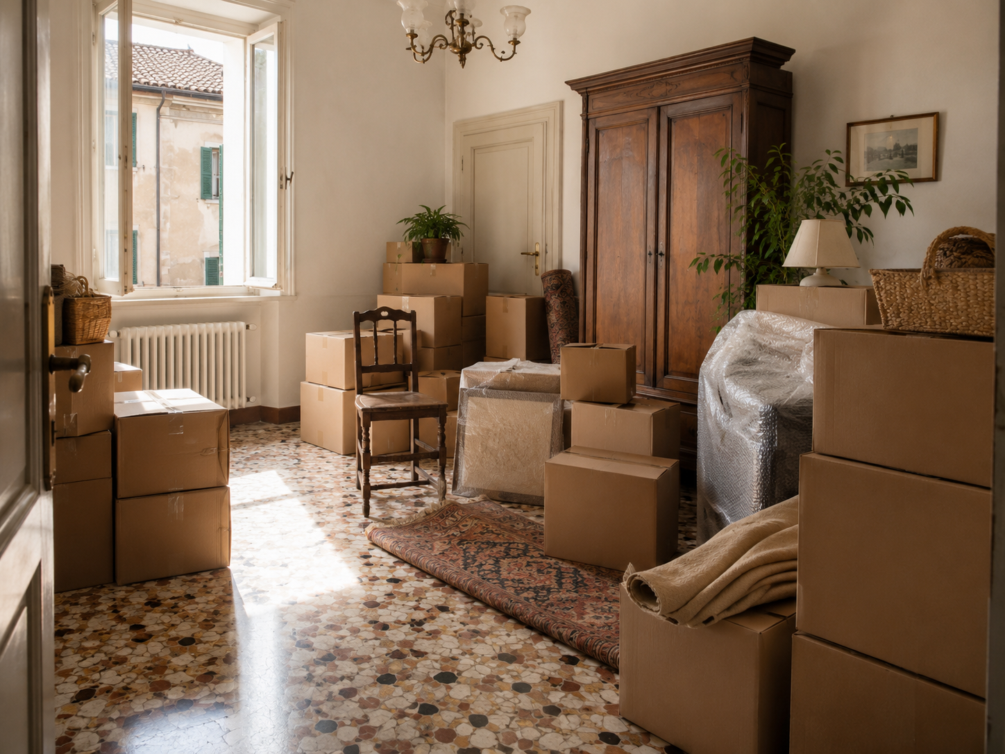 A traditional Italian room in Treviso filled with packed moving boxes and covered furniture, ready for moving out of a family home.