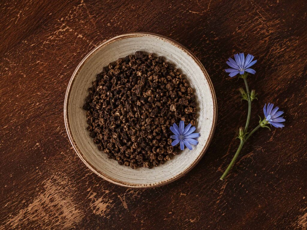 Coarsely ground roasted chicory root with fresh chicory flowers on a rustic Italian wooden table.